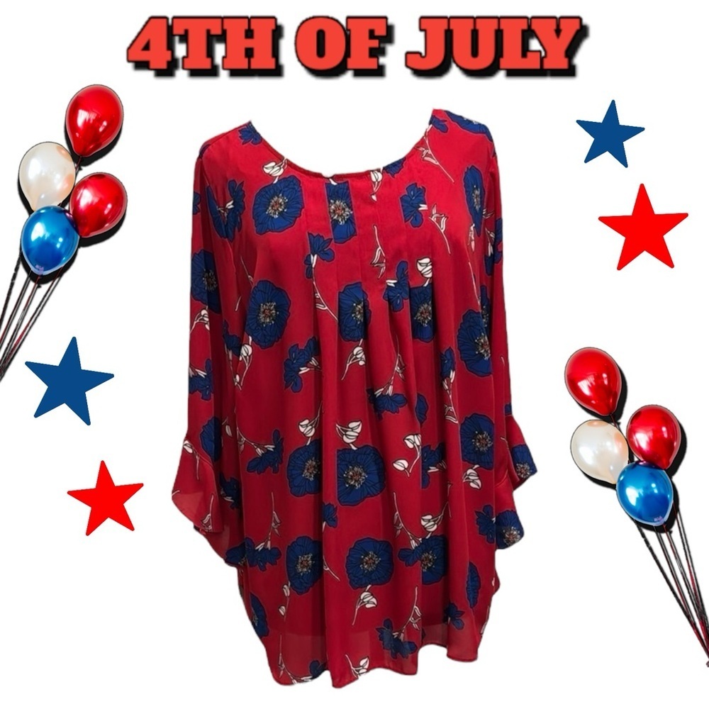 Liz Claiborne Patriotic Red White Blue Floral blouse plus size 2X - Picture 8 of 8